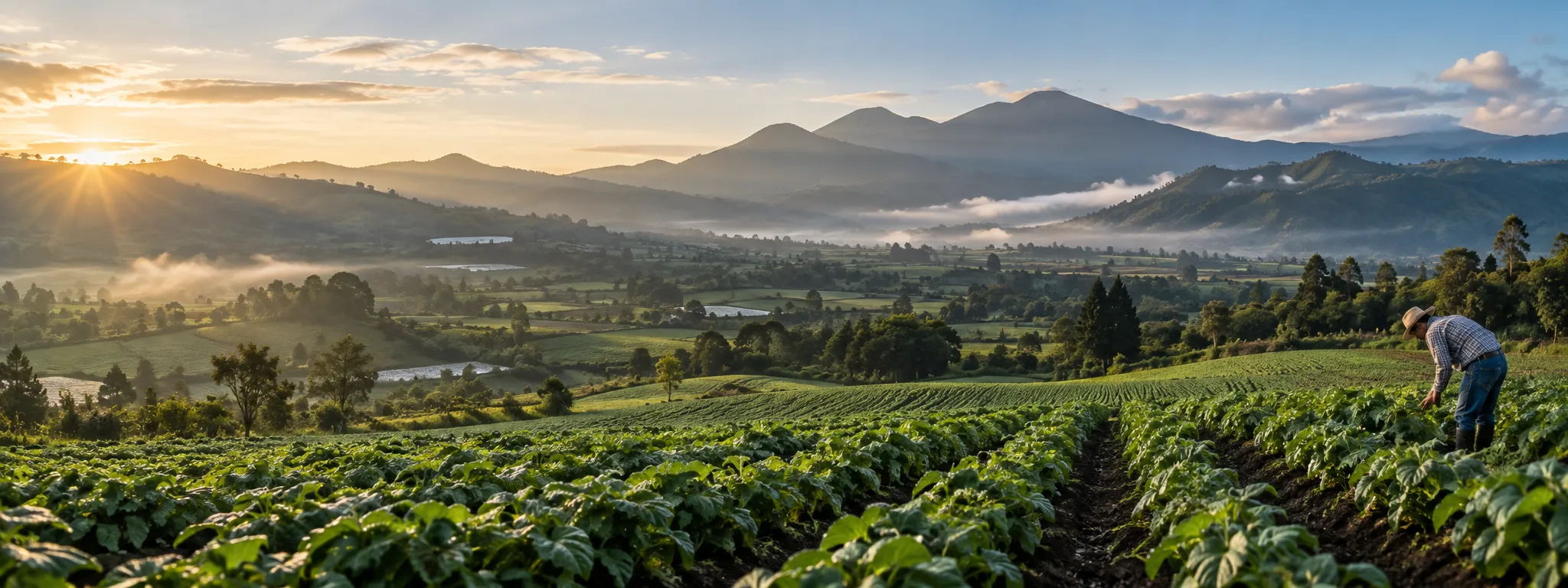 Imagen conceptual de cultivos y montañas con un profesional de agronomía en el campo
